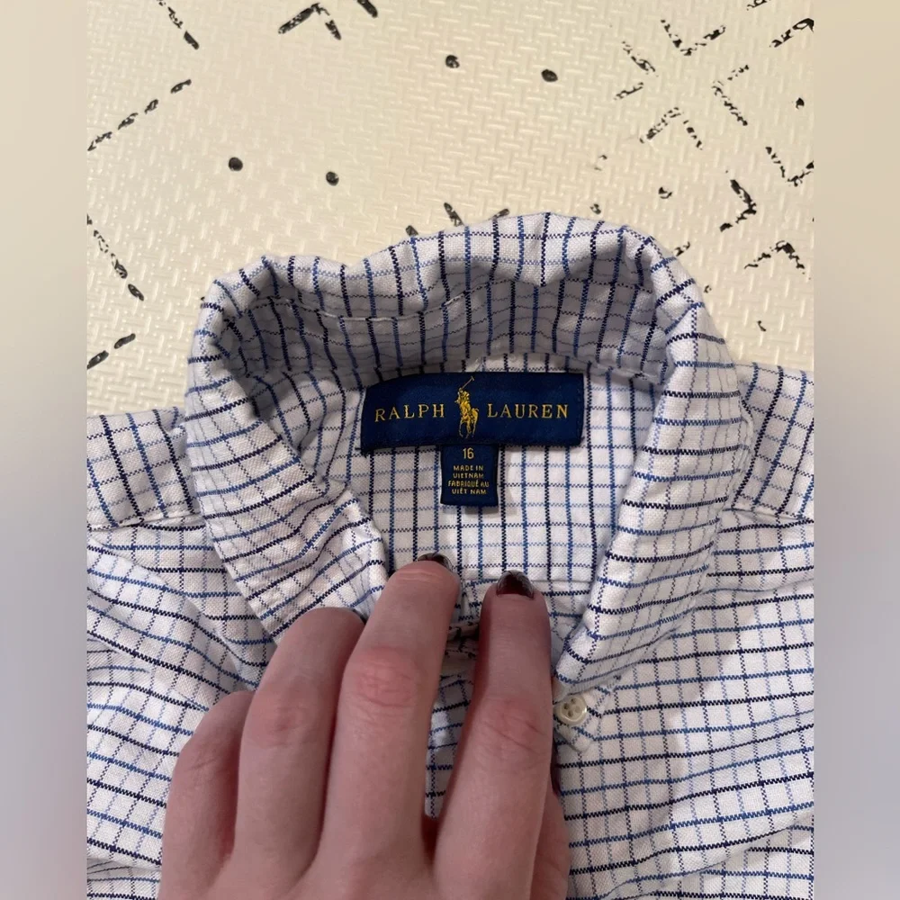 Polo Ralph Lauren Boys 116 Button Down Shirt Blue White‎ Navy Plaid Check